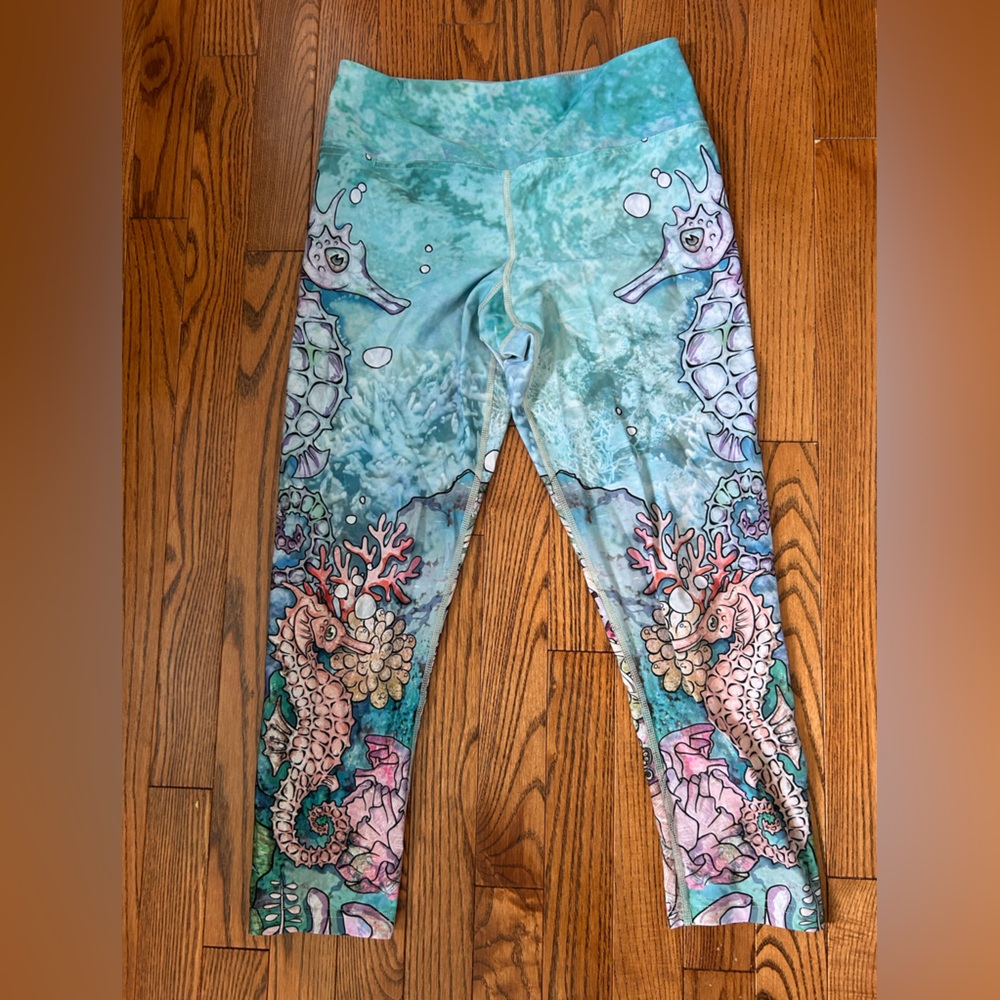 Eagle Rock:Aqua Seahorse Print Kids Leggings